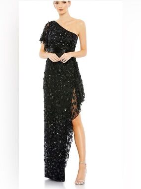 MAC Duggal One-Shoulder Black Sequin Asymmetric Dress Size 8 New